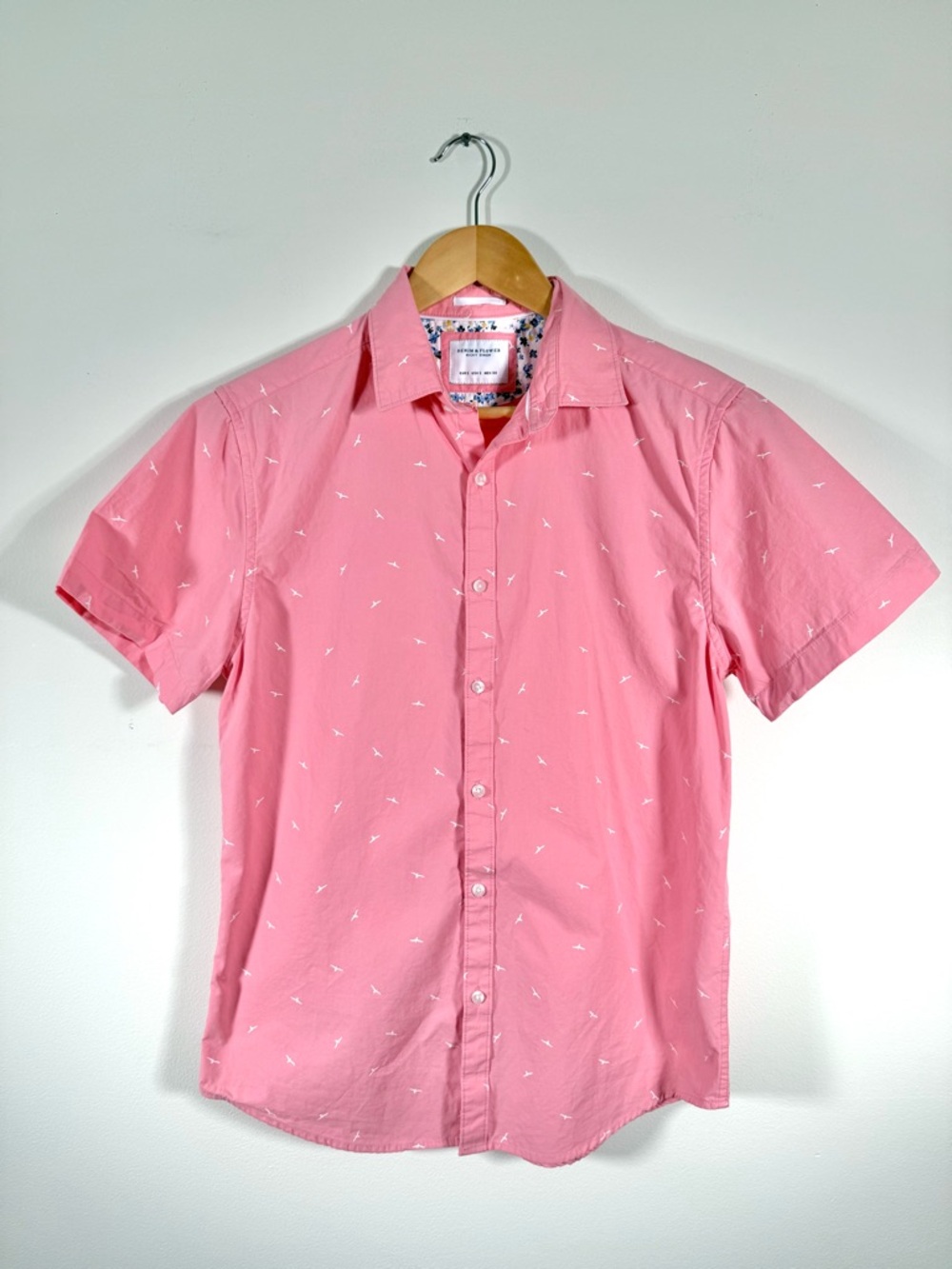 Denim & Flower Ricky Singh Pink Bird Slim Fit Short Sleeve Button Down Shirt S